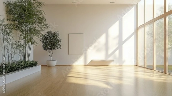 Fototapeta Minimalist white room with bamboo flooring and tilt-shift effect; perfect as a gallery backdrop. --ar 16:9 --raw --stylize 250 --v 6.1 Job ID: dc6bf674-28ba-43f4-9a55-000d58a729be