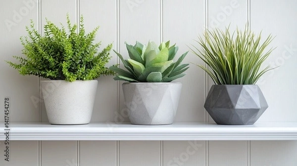 Fototapeta Minimalist white shelf displays modern geometric concrete planters, perfect for home dÃ©cor images. --ar 16:9 --raw --stylize 250 --v 6.1 Job ID: ceb18186-a869-4b1c-bd5e-43a25060714f