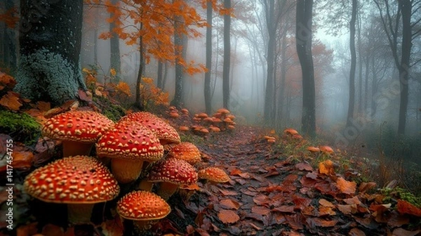 Fototapeta Misty autumn woods with vibrant red mushrooms, a magical fall scene captured in nature photography. 