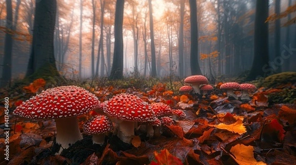 Fototapeta Misty autumn woods with vibrant red mushrooms, a magical fall scene captured in nature photography. 