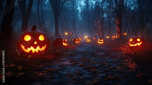 Fototapeta Misty Halloween night with a spooky forest path unfolding, Jack-o'-lanterns glowing eerily in the mist. -