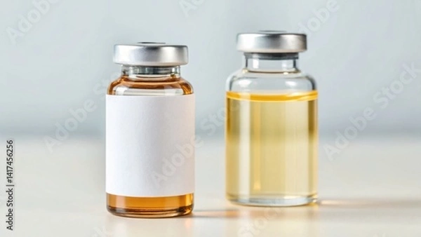 Fototapeta Two glass vials sit on a surface in a sterile environment. One vial holds a golden-brown liquid, while the other contains a clear yellow liquid. Both are prepared for clinical use