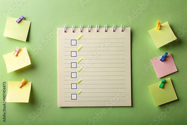 Fototapeta Olive green with playful checklists and sticky note graphics