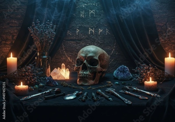 Obraz Occult Ritual Altar with Skull and Candles