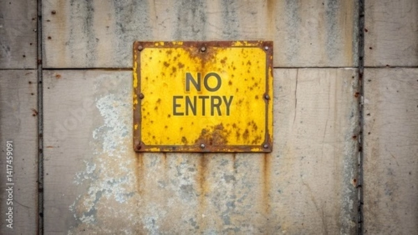 Obraz A weathered yellow sign displays the words No Entry, mounted on a concrete wall. The sign shows signs of rust and wear, hinting at its long exposure to the elements