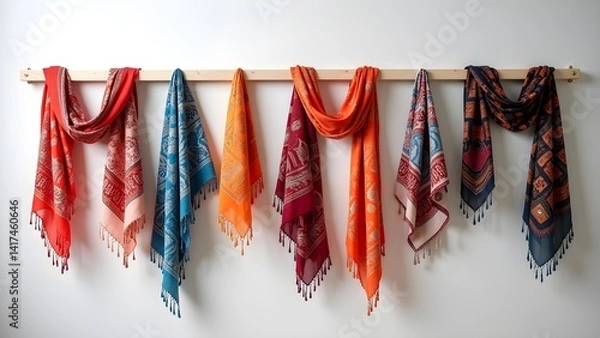 Obraz Display of Varied Patterned Scarves Hanging on a Wooden Rack Against a White Wall (99 characters)