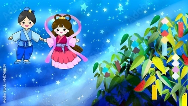 Fototapeta 手描きのかわいい七夕祭り背景壁紙イラスト
