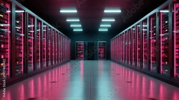 Fototapeta Dark data center with glowing pink neon lights AI supercomputing and telecom server technology visual