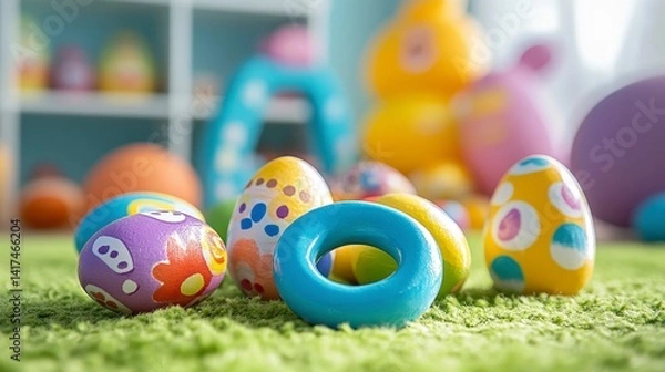 Fototapeta Colorful Decorative Easter Eggs on Green Grass Carpet Indoor Setting
