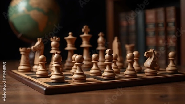 Fototapeta Classic chess game on a wooden board with chess pieces, complemented by a vintage globe, creating a strategic and intellectual atmosphere