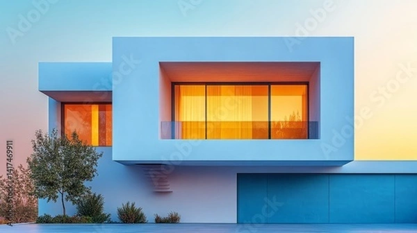 Obraz A modern home with bold lines and glowing windows contrasts the serene sky