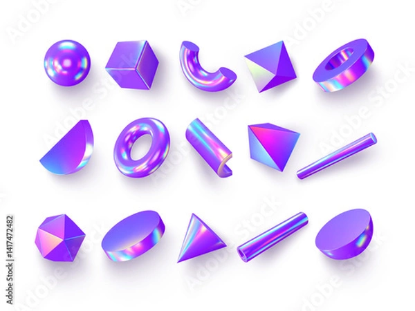 Fototapeta Set of 3d render primitives. Realistic 3d sphere, torus, cone, cube, tube. Glossy holographic geometric shapes isolated on white background. Iridescent trendy design, thin film effect. Vector.
