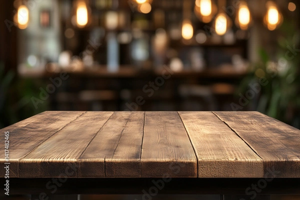 Fototapeta Rustic wooden table in a dimly lit cafe, inviting warmth and a cozy atmosphere with blurred background lights.