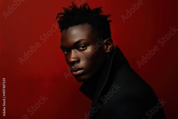 Fototapeta Man facing right with serious expression while wearing a dark coat, set against a vibrant red background