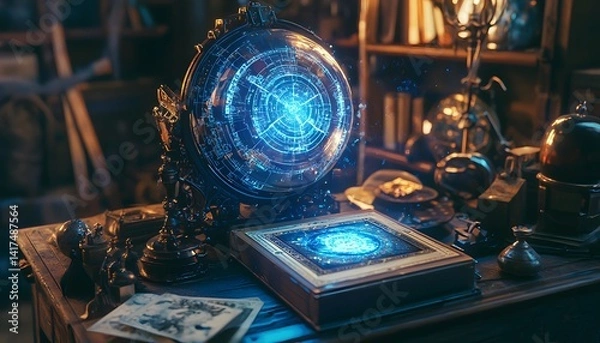 Fototapeta A mechanical fortune teller reading a holographic tarot card, energy pulses forming images, cinematic steampunk mysticism