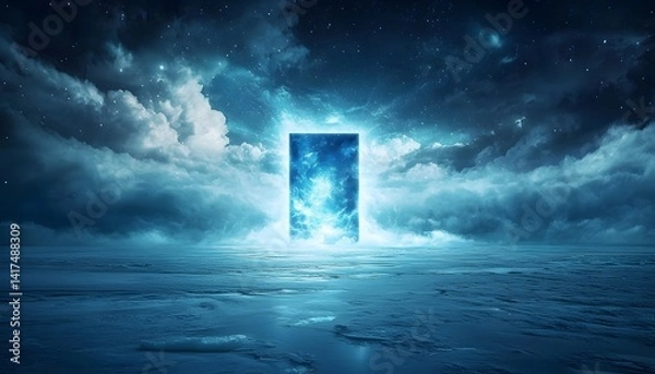 Fototapeta A mystical gateway floating in the middle of a frozen lake, shimmering with cosmic energy, cinematic surreal portal