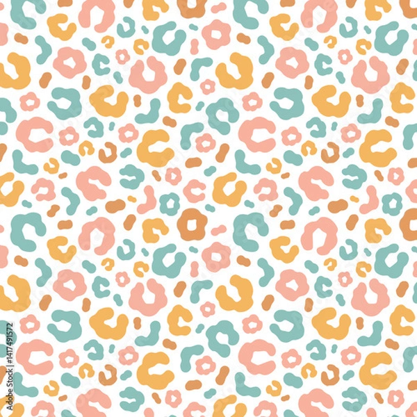 Fototapeta Simple pastel leopard skin print seamless pattern. Cheetah skin flat style background in retro boho colors. Hand drawn gender neutral pastel leopard print background. Cute and fun kids safari design.