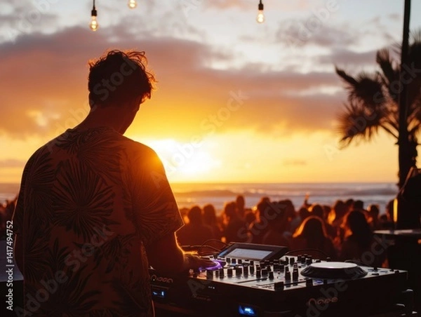Obraz DJ plays music at sunset beach party with vibrant crowd