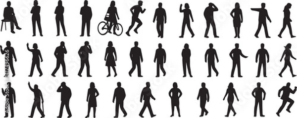 Obraz Silhouette People Set Black and White Human Figures in Various Poses and Activities editable colors