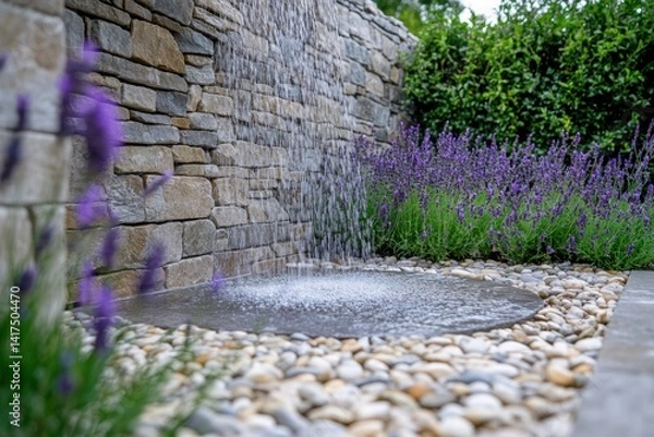 Fototapeta A modern garden with a water feature, featuring lavender and pebbles around the area where rainwater flows from an outdoor wall into a circular pond in front of it.
