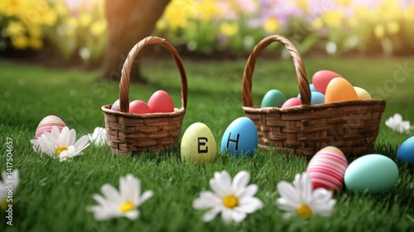 Fototapeta Basket of Easter eggs on a flower field and green grass with symbol text.
