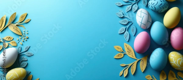 Fototapeta Easter party concept. Top view photo of easter bunny ears white pink blue and yellow eggs on isolated pastel blue background with copyspace in the middle