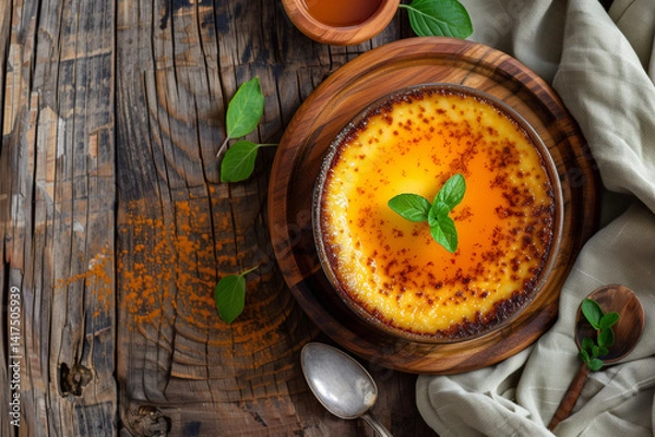 Fototapeta Flan Dessert – Creamy Caramel Custard with Glossy Top. flan dessert with a golden, glossy caramel layer on top, served on a plate and gently oozing with rich syrup