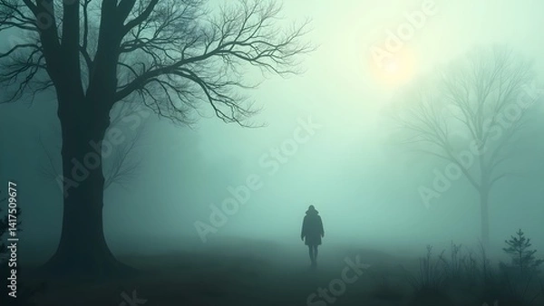 Fototapeta Lone figure walking in a misty, surreal autumn landscape with trees in the fog, creating an eerie mood