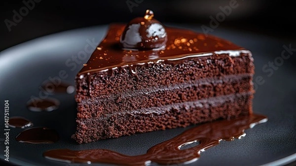 Fototapeta Moist chocolate cake artistry captured with architectural details, seductive shadows, and glaze. --