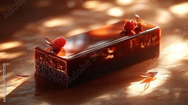 Fototapeta Moist chocolate cake artistry captured with architectural details, seductive shadows, and glaze. --