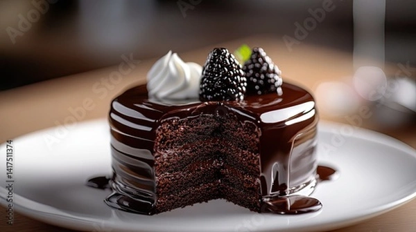 Fototapeta Moist chocolate cake artistry captured with architectural details, seductive shadows, and glaze. --