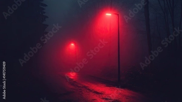 Fototapeta Moody, dark red night scene with muted textures and dramatic low-light photography creating impact