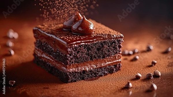 Fototapeta Moist chocolate cake artistry captured with architectural details, seductive shadows, and glaze. --