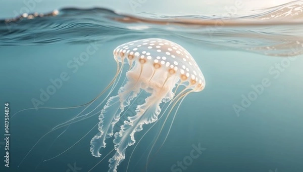 Obraz Translucent Spotted Jellyfish Drifting Gracefully in Oceanic Waterscape