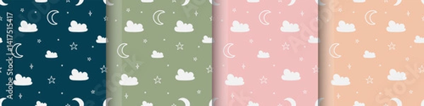 Fototapeta Set of seamless pattern with cute moon, stars and clouds background. Design for, wallpaper, wrapping, printing, fabric, swaddles, apparel
