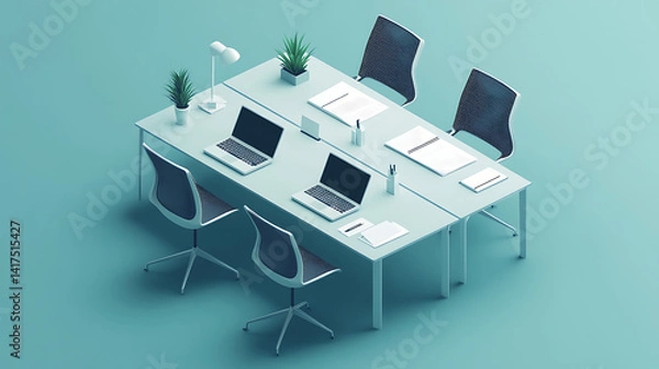 Obraz A table with four chairs and a laptop on it