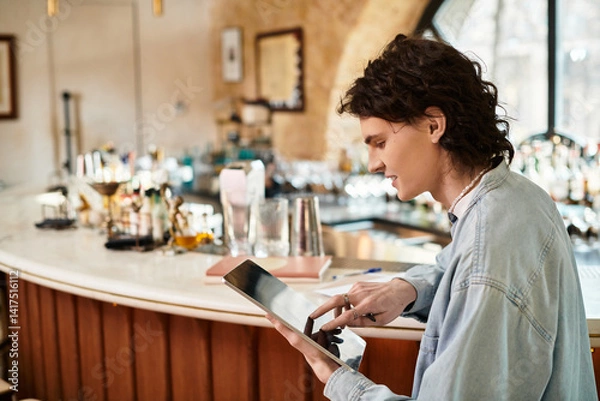 Obraz Young handsome guy enjoys leisure time at cafe while interacting with his tablet