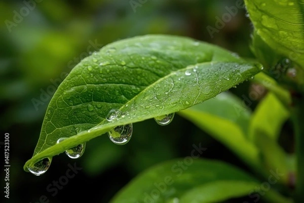 Fototapeta Close-up shot featuring vibrant green leaves adorned with glistening water droplets, showcasing nature's beauty in a refreshing and tranquil botanical scene.