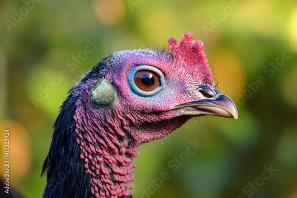 Fototapeta Close-up of colorful ocellated turkey against blurred green background