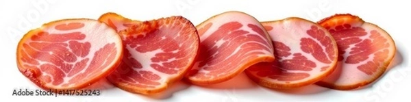 Fototapeta Juicy slices of smoked ham on a white background, top view, top view, ham