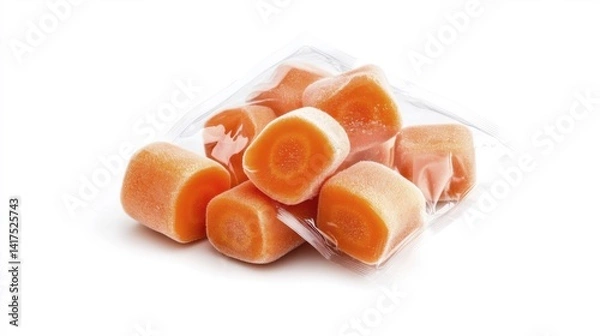 Obraz Frozen carrots in transparent packaging isolated on white background. Generative AI