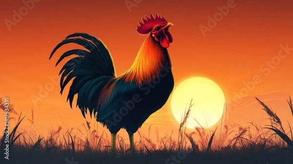 Obraz A rooster dramatically singing at sunrise like an opera star --ar 16:9 --v 6.1 Job ID: f8646106-df22-421a-8951-27697b081529