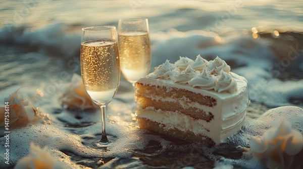 Fototapeta Seashore cake and champagne toast in double exposure, celebrating anniversary with creative photography. 