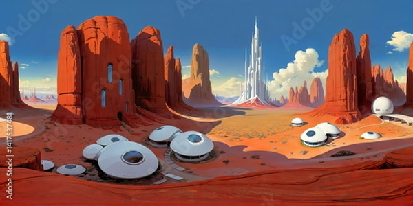 Obraz Full 360 degrees seamless spherical panorama HDRI equirectangular projection. A red rock landscape, futurist utopia. Texture environment map for lighting and reflection source rendering 3d scenes