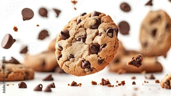 Fototapeta Silhouetted chocolate chip cookies falling dramatically, isolated on white for creative photography. -