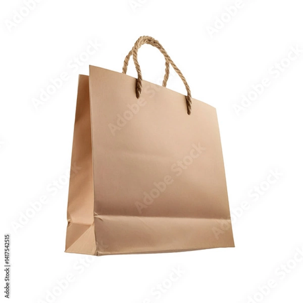 Fototapeta Floating brown kraft paper shopping bag with twisted handles isolated on transparent background, ready for mockup or design