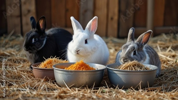 Fototapeta Three adorable rabbits eating food from metal bowls. The fluffy bunnies have different colors gray black and white.