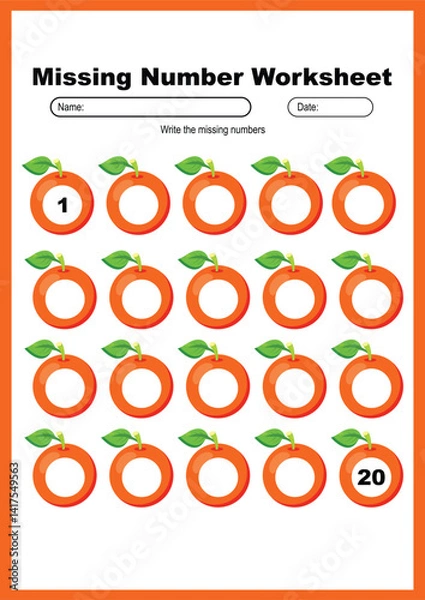Fototapeta Fun missing number worksheet with orange fruits for kids, count and write numbers from 1 to 20, perfect for preschool math practice, number recognition and printable classroom activity