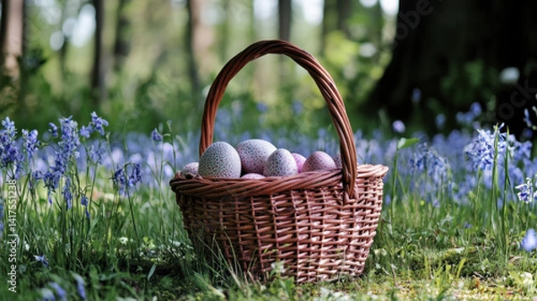 Fototapeta A set of painted eggs for the Easter holiday on a spring flower meadow