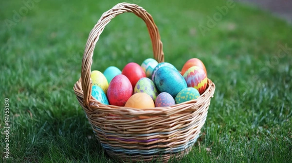 Fototapeta A set of painted, bright, joyful eggs for the Easter holiday on a spring flower meadow in a basket